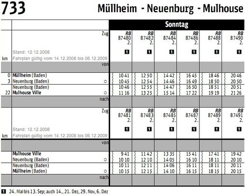 Fahrplan 2009 KBS 733 Müllheim (Bd) - Neuenburg - Mulhouse (F)